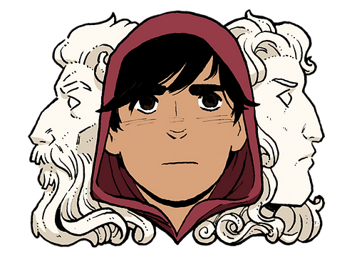 A young girl in a red hood looks forward, while statues behind her look to the left and right