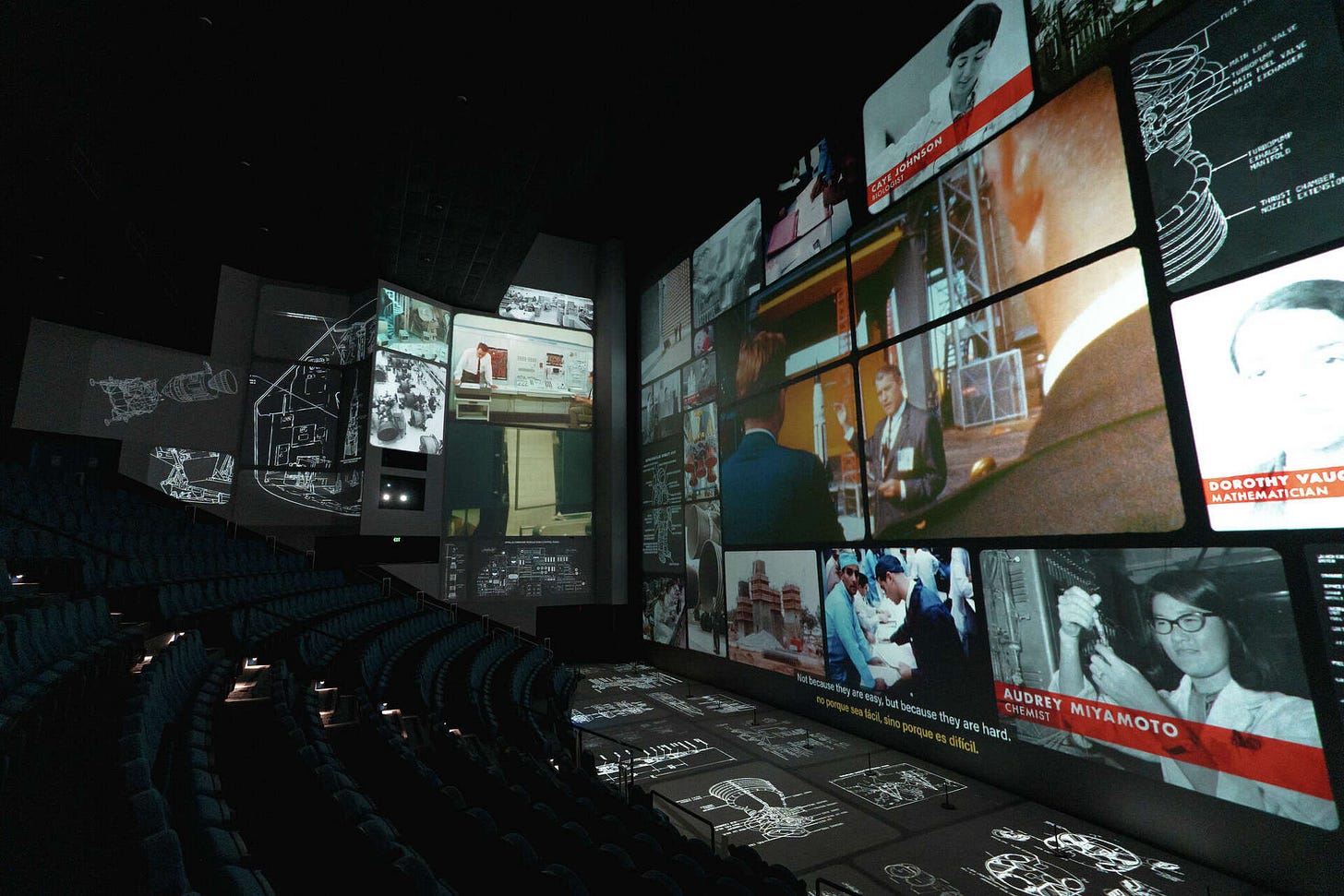 Photograph of Space Center Houston's movie theater with images of The Moonwalkers on the screen.