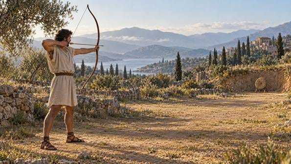 An archer in a simple ancient tunic carefully aims toward a straw target across an open practice field.