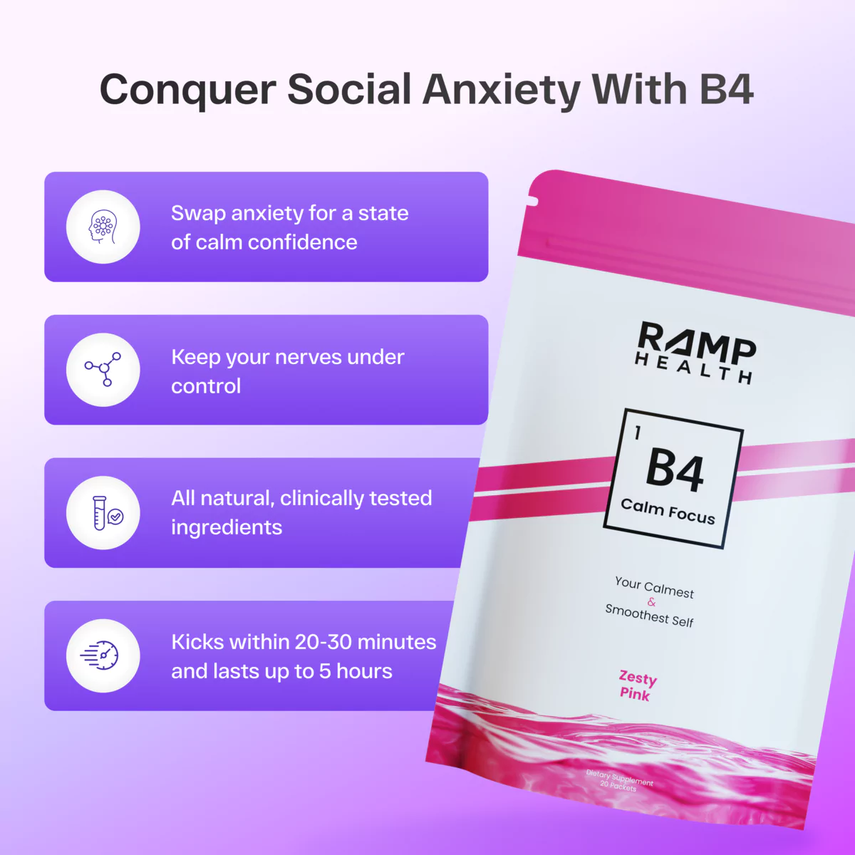 Packaging of B4 Calm Focus supplement with benefits listed. Packaging of B4 Calm Focus supplement with benefits listed.