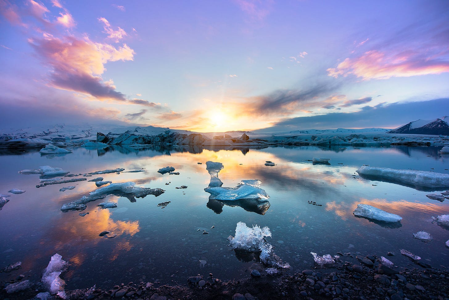 A shot of the sky with the sun hanging low on the horizon, but not quite setting. The midnight sun makes the sky different shades of periwinkle and lavender. There's ice and water on the ground, reflecting the stunning beauty of the midnight sun. A shot of the sky with the sun hanging low on the horizon, but not quite setting. The midnight sun makes the sky different shades of periwinkle and lavender. There's ice and water on the ground, reflecting the stunning beauty of the midnight sun.