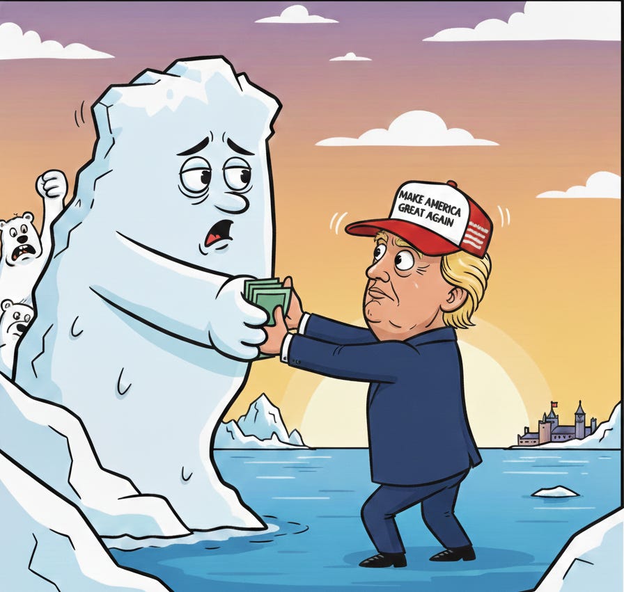 A cartoon image showing President Donald Trump trying to appease Greenland with money A cartoon image showing President Donald Trump trying to appease Greenland with money