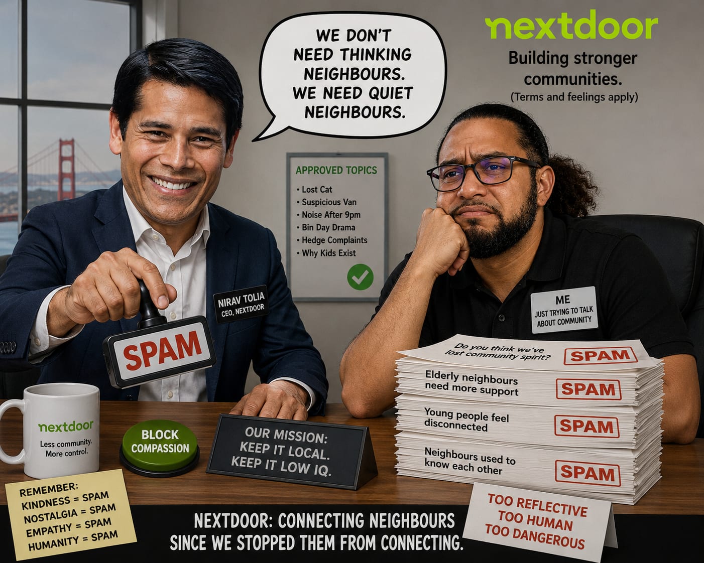 Cover artwork of the article “Nextdoor: The Community App That Finally Solved Community By Banning It”