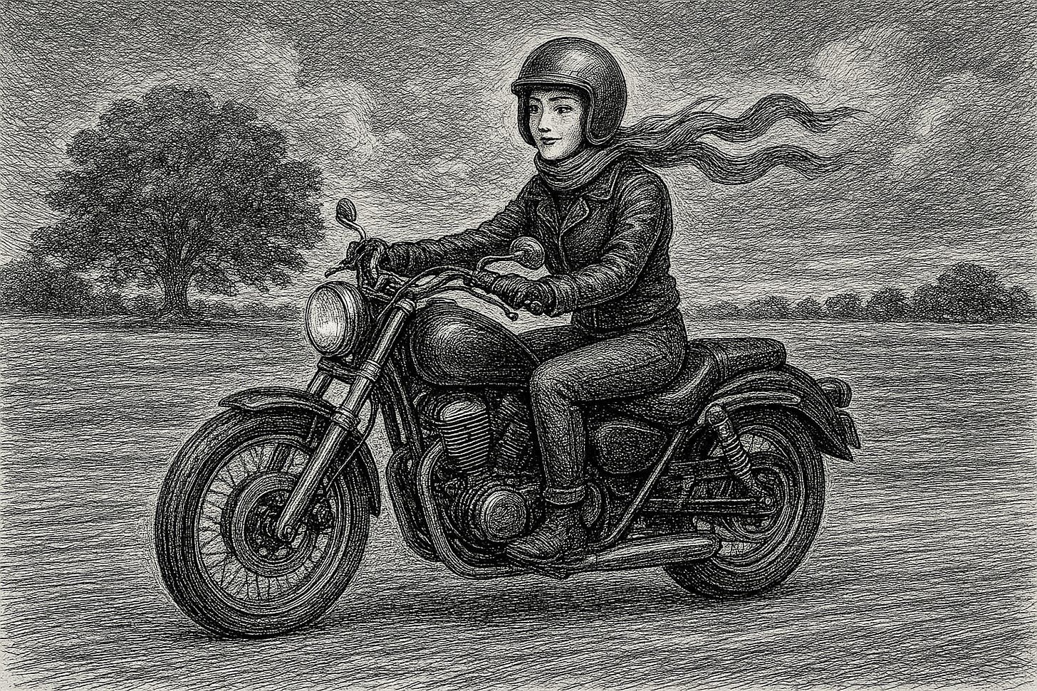 Kate on a motorcycle in the style of Doré.