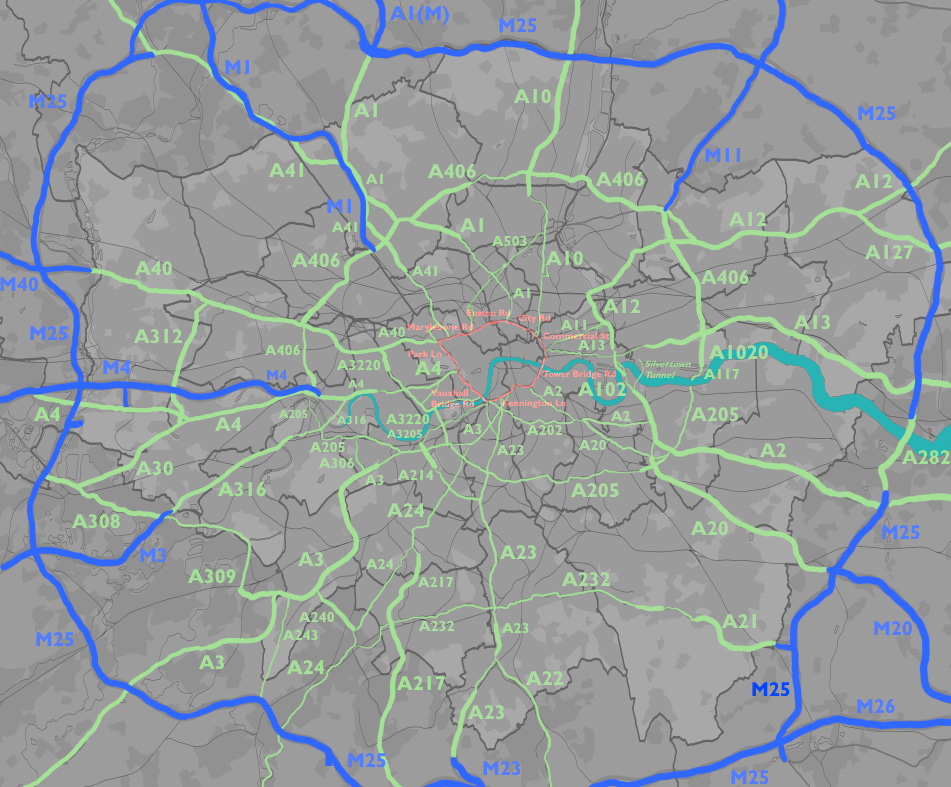 a gray map with lines superimposed in bright green and blue to indicate roads around london, roughly like spokes of a wheel