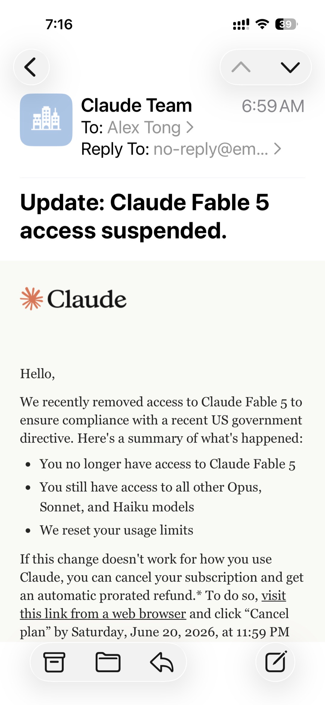 Email from the Claude team with the subject "Update: Claude Fable 5 access suspended" Email from the Claude team with the subject "Update: Claude Fable 5 access suspended"
