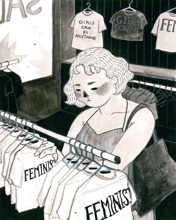 L: an illustration of a girl wearing a mask and sewing a shirt that reads "feminist", R: an illustraion of a different girl browsing those shirts as they hang in a store