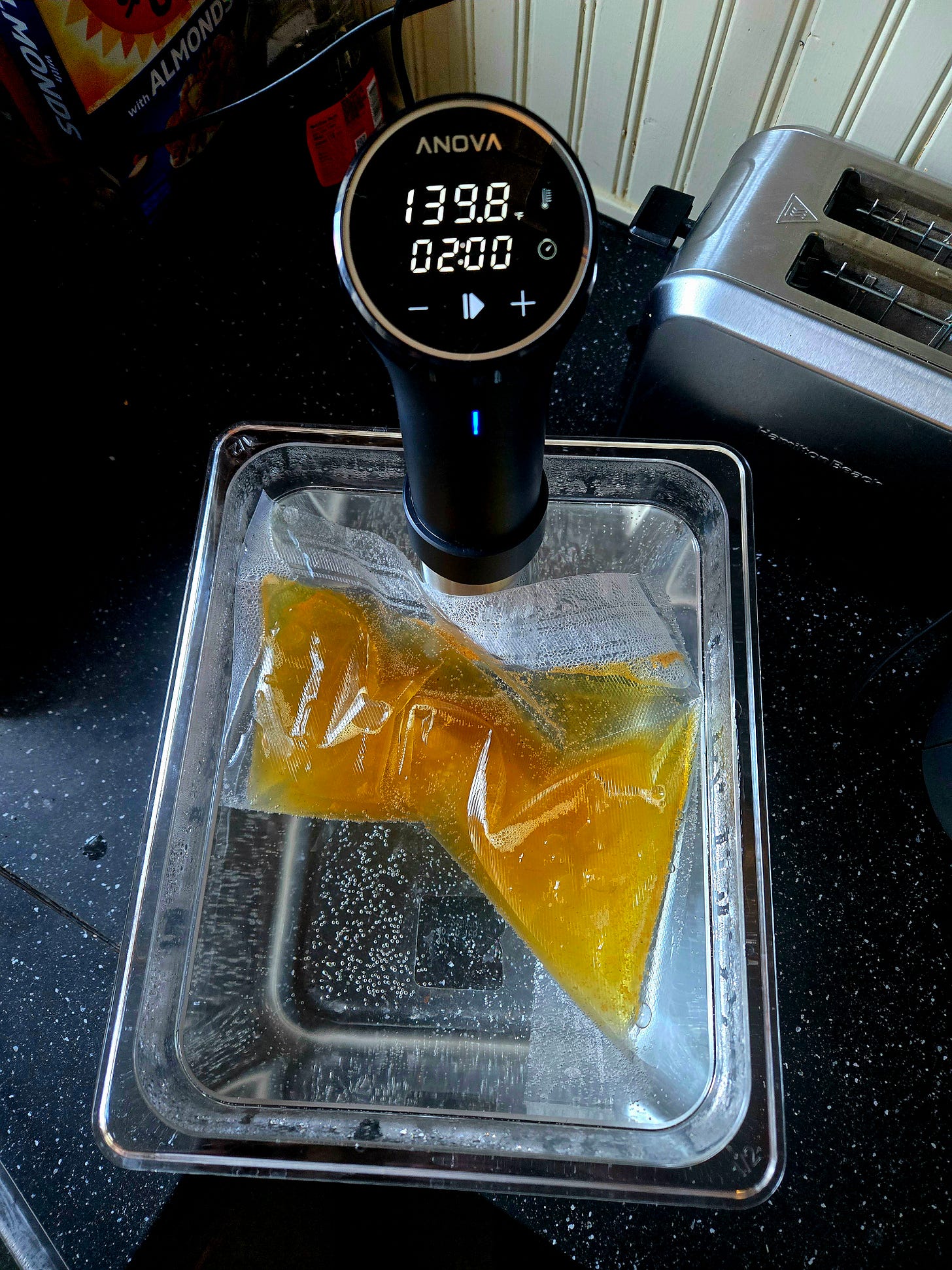 A sous vide machine with the brown-butter scotch mixture - an alternative to room temperature fat-washing. A sous vide machine with the brown-butter scotch mixture - an alternative to room temperature fat-washing.