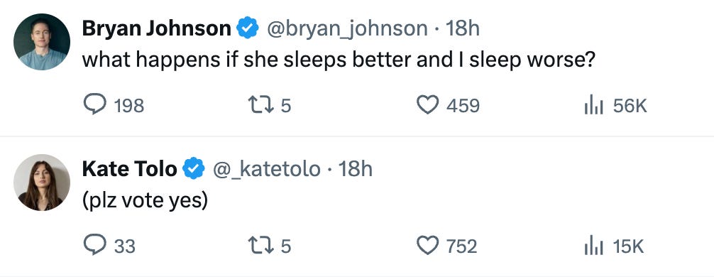 Bryan asking, "what happens if she sleeps better and i sleep worse" and Kate responding "(plz vote yes)" Bryan asking, "what happens if she sleeps better and i sleep worse" and Kate responding "(plz vote yes)"