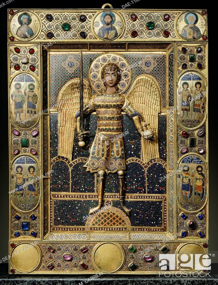 Stock Photo: St Michael of Constantinople, icon, The Treasury, St Mark's Basilica, Venice. Byzantine Goldsmith art, Italy, 11th century. Stock Photo: St Michael of Constantinople, icon, The Treasury, St Mark's Basilica, Venice. Byzantine Goldsmith art, Italy, 11th century.