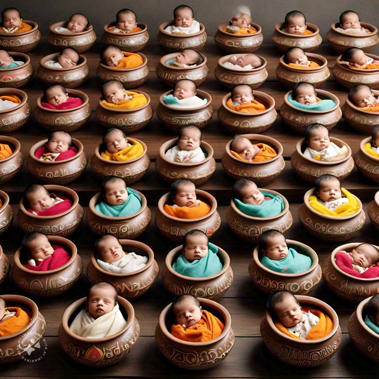 AI generated picture of many pots containing babies