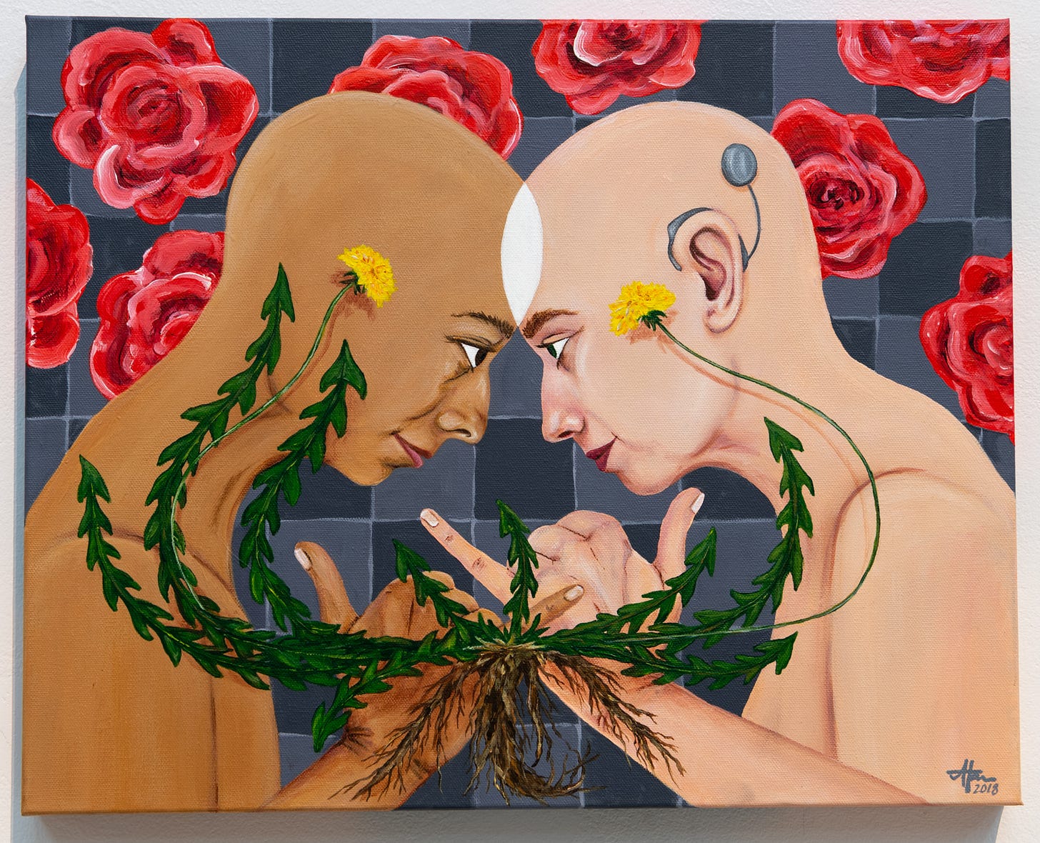 Ashley Hannan art piece, You See Me. There are two women with no hair. One black woman on the left is leaning on the head of white woman on the right and they both signing, "Same." The white woman is wearing a cochlear implant. There are sunflowers blossoming out of the hands and upwards to their faces. In the background, there are red roses around behind the girls. 