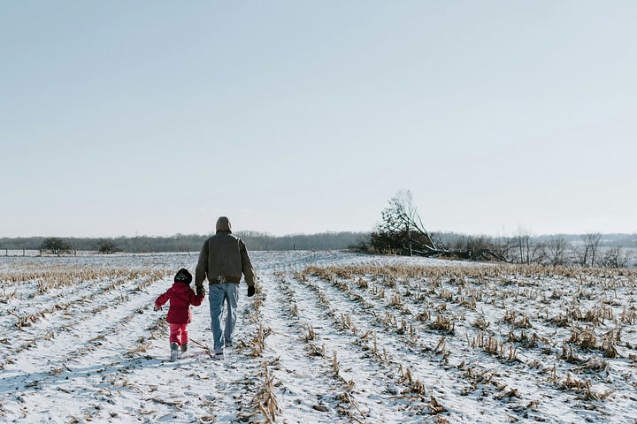 Left: Hog confinement from Farm Sanctuary, Right: Grandfather and grandson walking through a field from Kelly Sikkema
