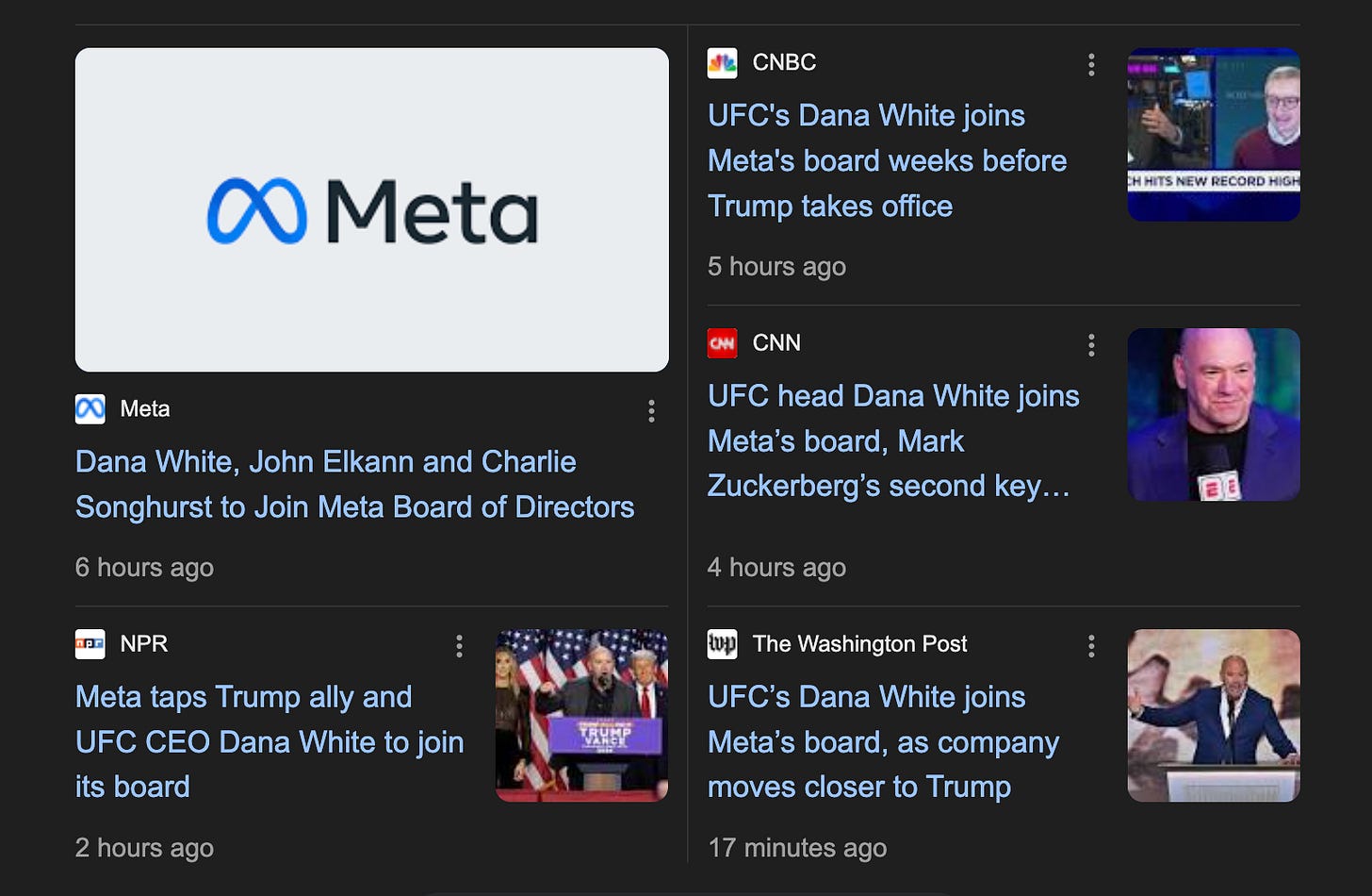 Round up of headlines covering Dana White joining Meta's board, most mentioning his relationship to Donald Trump Round up of headlines covering Dana White joining Meta's board, most mentioning his relationship to Donald Trump