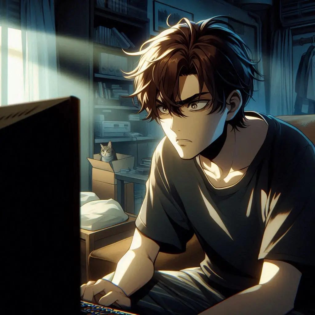 A young man with brown hair looking enraged at his tv while in his apartment. anime art style. dark. modern