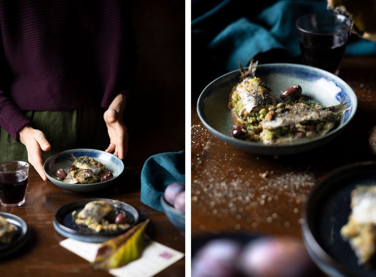 Sardines stuffed with leftover asparagus risotto