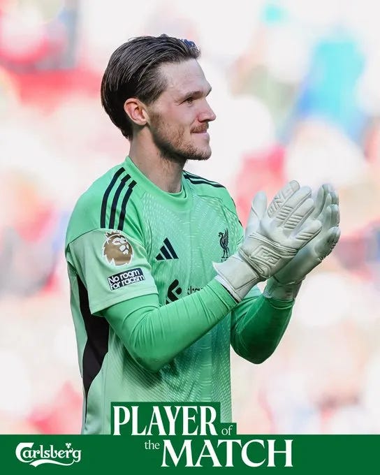 Freddie Woodman, Liverpool's player of the match in their 3-1 win over Crystal Palace in April 2026. 