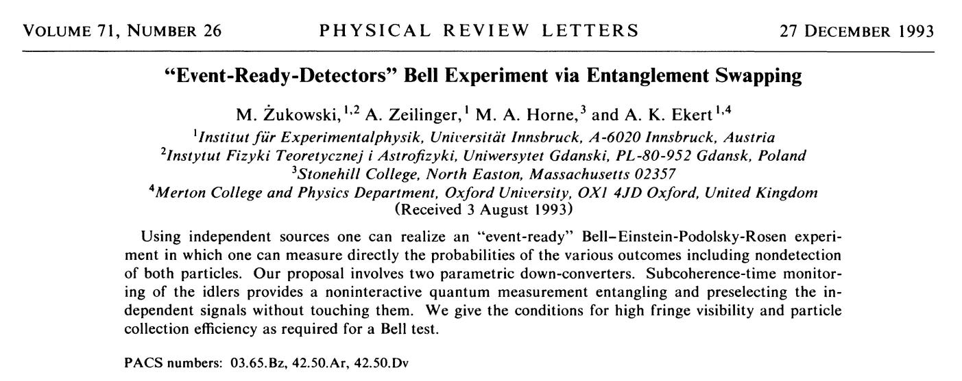 1993 年論文〈“Event-Ready-Detectors” Bell Experiment via Entanglement Swapping〉的標題與摘要 1993 年論文〈“Event-Ready-Detectors” Bell Experiment via Entanglement Swapping〉的標題與摘要