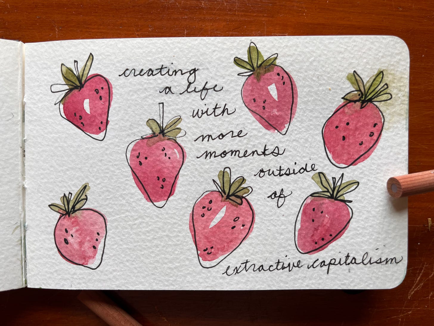 Primitive watercolour paintings of strawberries. Beside them in cursive it reads "creating a life with more moments outside of extractive capitalism"