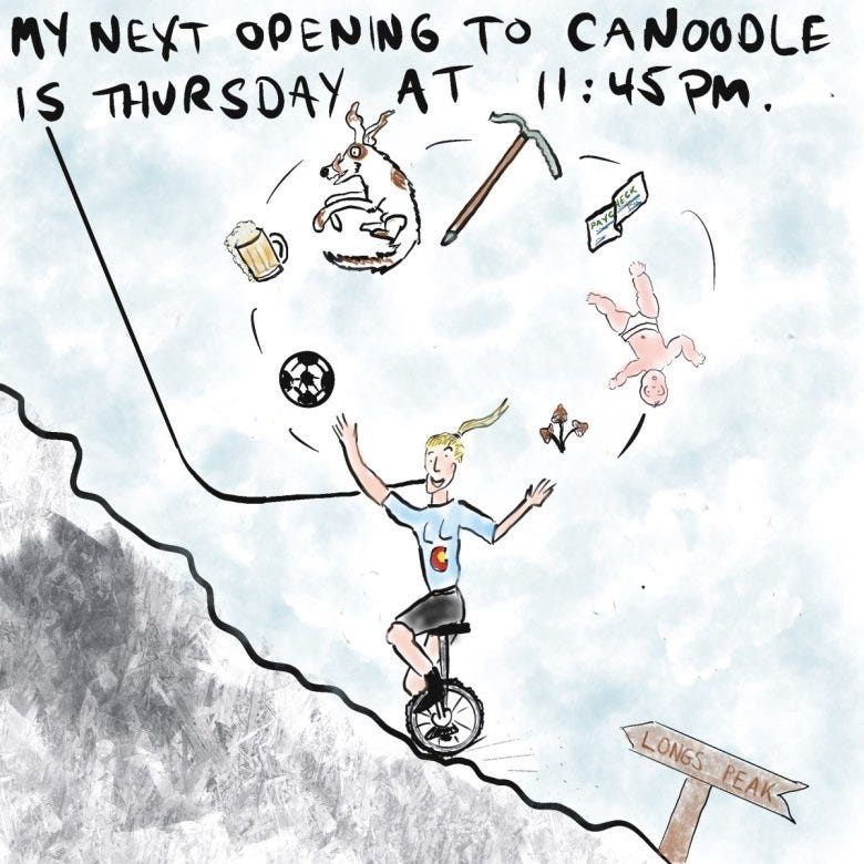 A cartoon images of a person riding uphill on a unicycle juggling a bunch of responsibilities
