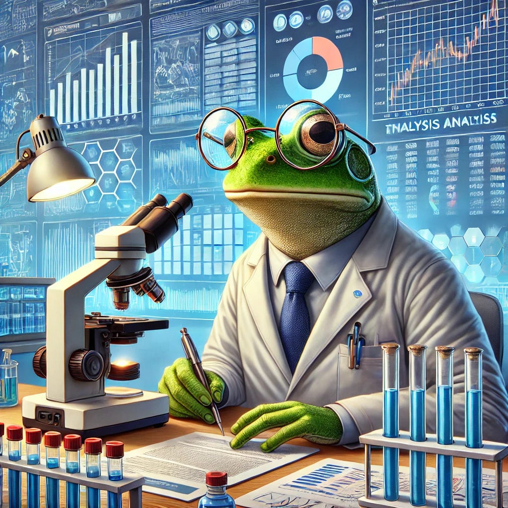 A detailed illustration of a frog in a laboratory, focused on performing technical analysis. The frog is dressed like a scientist, wearing a lab coat and glasses, surrounded by lab equipment like test tubes, microscopes, and analysis charts. The background shows a high-tech lab setting with screens displaying data and charts. The scene is brightly lit, showing the frog engaged and concentrating on the analysis.