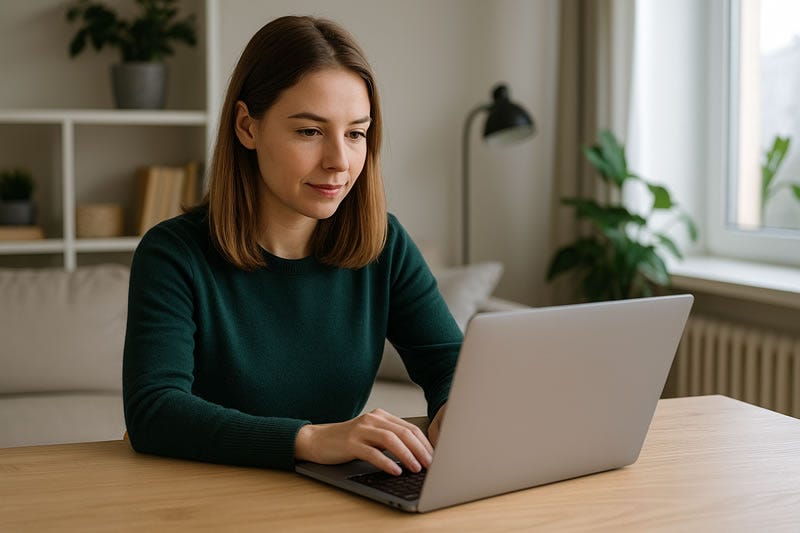 Imagen de una mujer concentrada trabajando con su portátil en una habitación luminosa, representando la determinación, constancia y enfoque necesarios para cambiar de hábitos para emprender online con éxito.