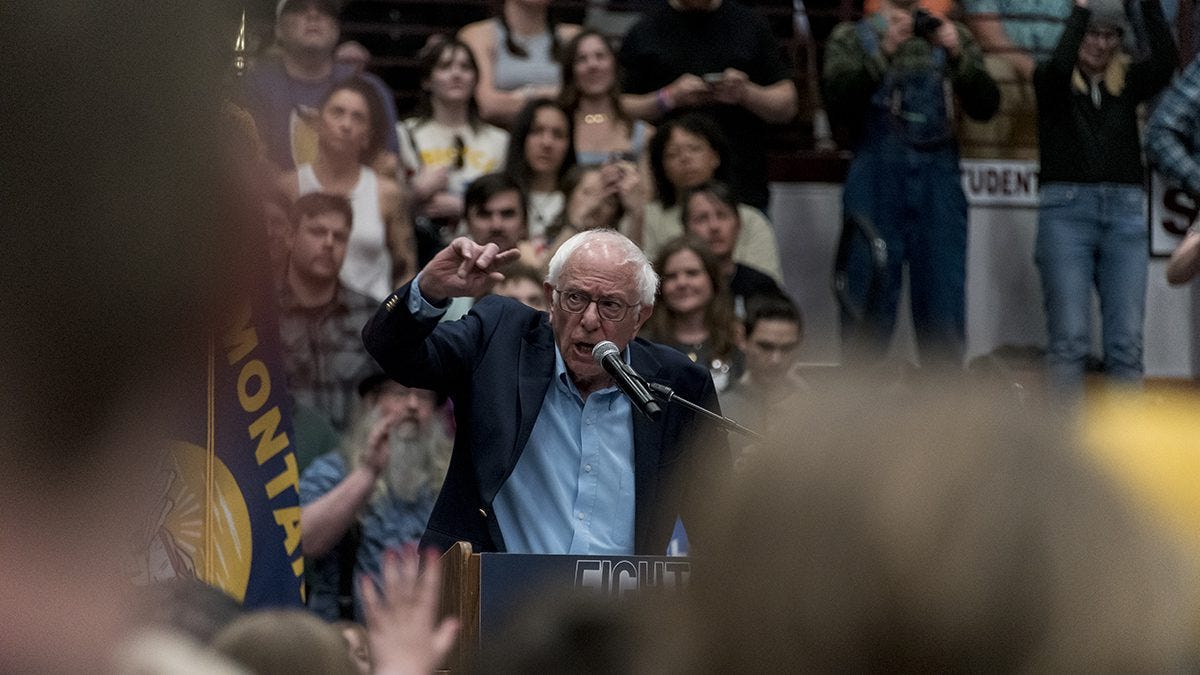 Sen. Bernie Sanders (I-VT) addresses more than 7,000 people in Missoula, Montana, on April 16, 2025, during the final stop of the "Fighting Oligarchy" tour.