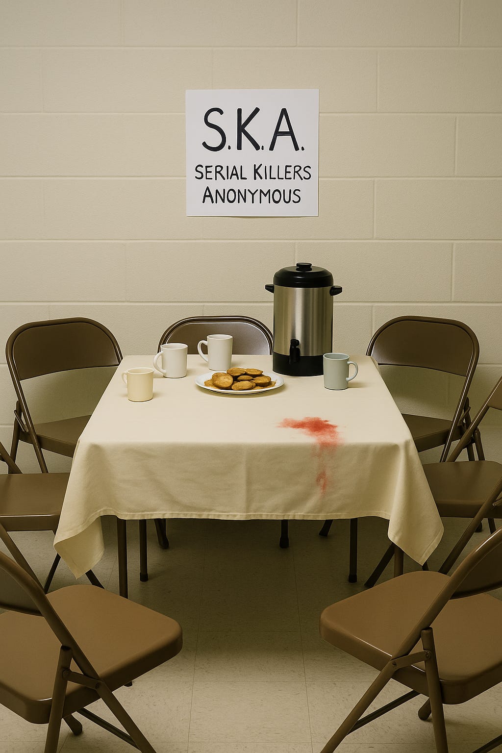 A community-center meeting room set up for a support group. Folding chairs form a circle around a beige table with coffee cups, cookies, and a hand-lettered sign reading “S.K.A. — Serial Killers Anonymous.” A single red ink stain marks the tablecloth under the harsh glow of fluorescent lights, hinting at something darker beneath the cheerful setup.