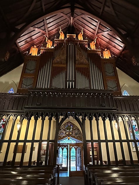 Carriage horse, Saint johns Cathedral, Collins Quarter, tea at Gryphon, Griffin – former pharmacy, organ at St. John’s Church, NOGS tour