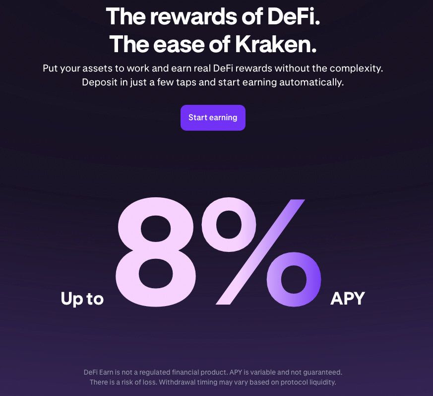 Promotional visual for Kraken DeFi Earn showing up to 8% APY on digital assets, highlighting simplified access to DeFi yields through a centralized exchange interface. Promotional visual for Kraken DeFi Earn showing up to 8% APY on digital assets, highlighting simplified access to DeFi yields through a centralized exchange interface.