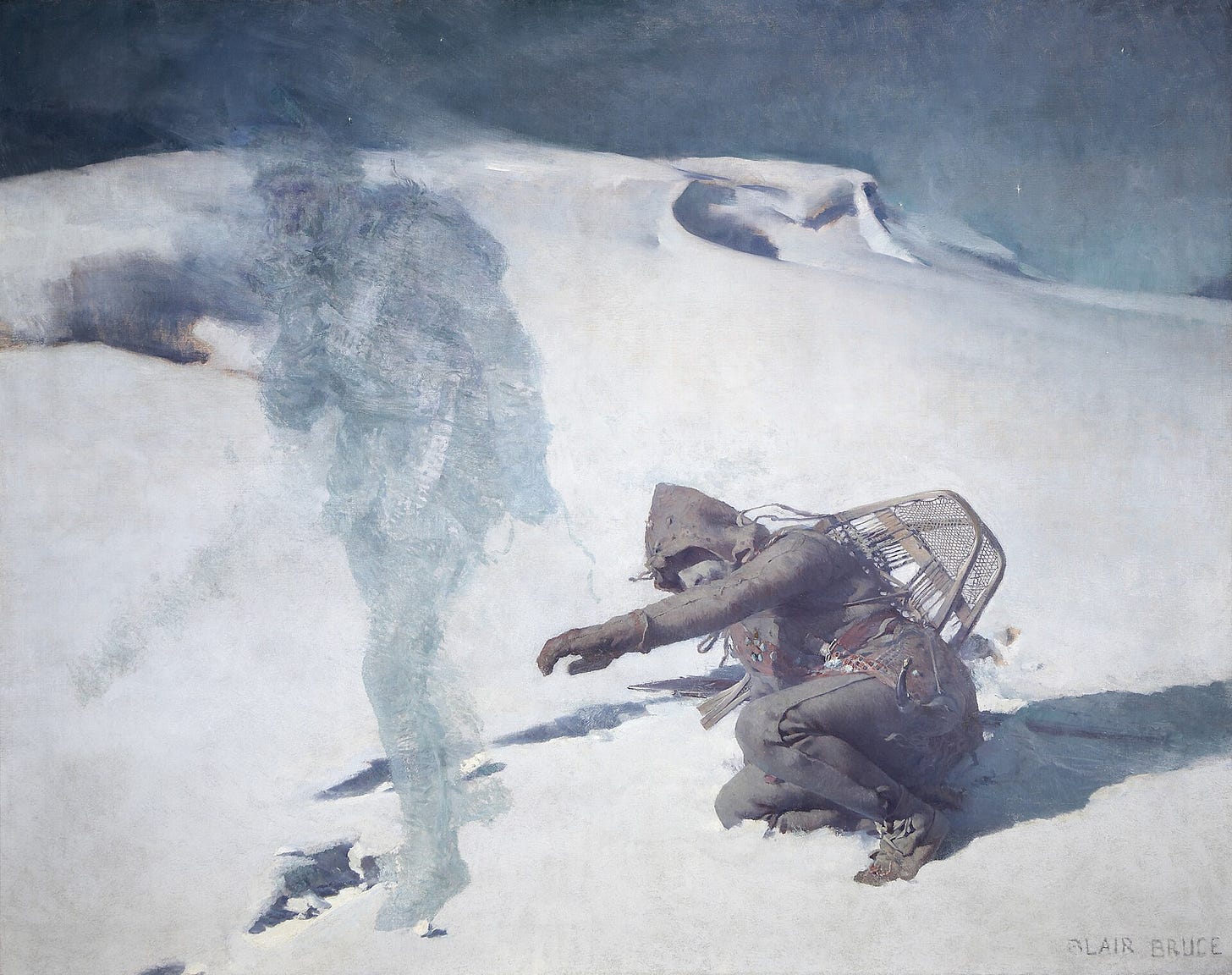William Blair Bruce's The Phantom Hunter, a winter night scene of a hunter fallen in the snow and a ghostly figure. William Blair Bruce's The Phantom Hunter, a winter night scene of a hunter fallen in the snow and a ghostly figure.