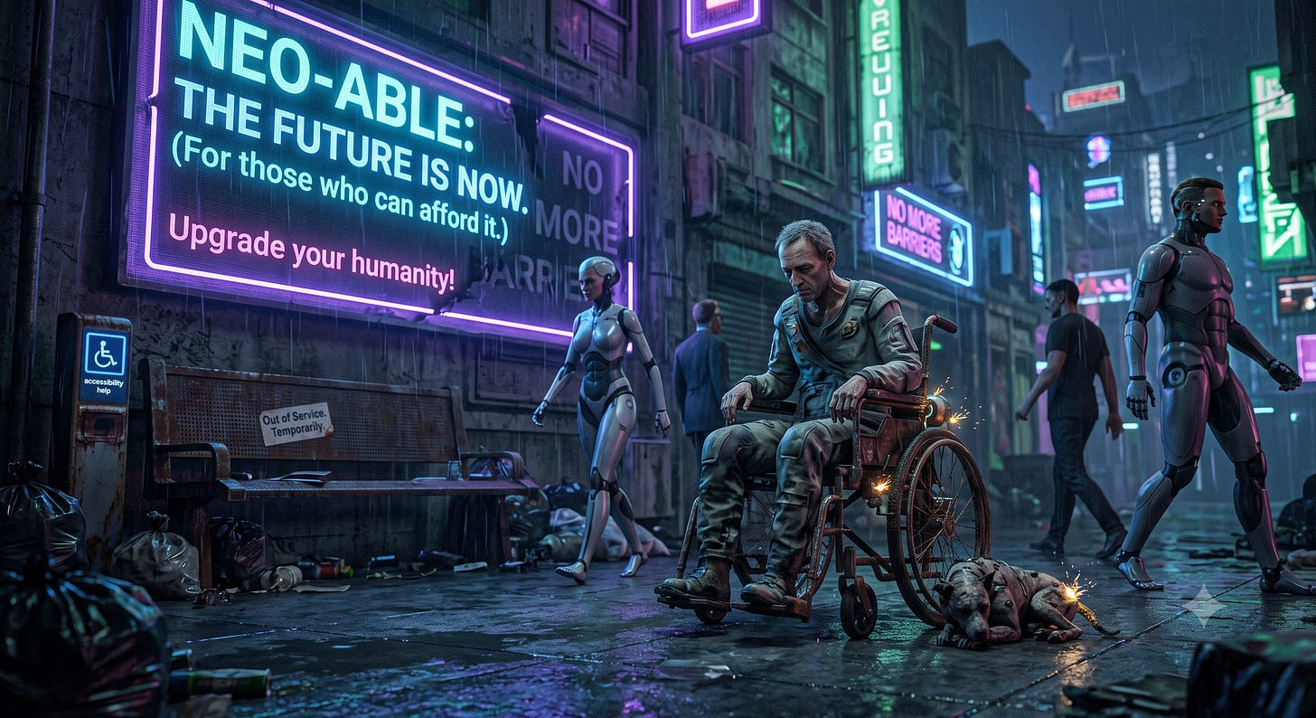 Cyberpunk street scene: a man in a rusted, sparking wheelchair sits amid trash while sleek humanoid robots walk past neon ads reading "Neo-Able: Upgrade your humanity!" Cyberpunk street scene: a man in a rusted, sparking wheelchair sits amid trash while sleek humanoid robots walk past neon ads reading "Neo-Able: Upgrade your humanity!"