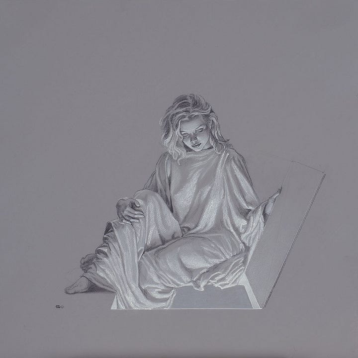 LEFT: Detail from LUMEN 6.2 featuring a woman in white robes peering down through an opening in a dark concrete tunnel. She is bathed in light as she comfortably rests her foot on a plank set across the corner of the opening. RIGHT: Figure study in black and white on gray toned paper for LUMEN 6.2. The drawing features a woman in white robes holding open a hatch in the floor. The cloth of her robes spills into the opening. Notably, the position of the hatch is on the right, inverted from the pose in the final painting.