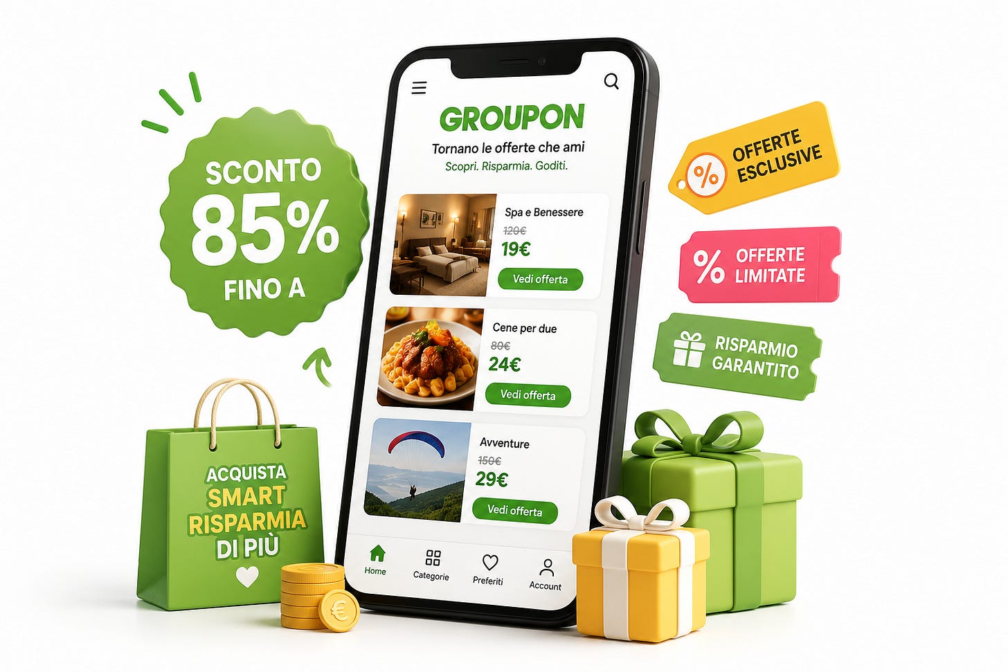 Un'illustrazione moderna sul tema dello shopping intelligente e del risparmio. Uno smartphone gigante che mostra coupon di sconto con un badge '85% OFF', scatole regalo e etichette promozionali luminose. Sfondo bianco pulito, composizione minimalista, illuminazione morbida da studio, stile professionale.