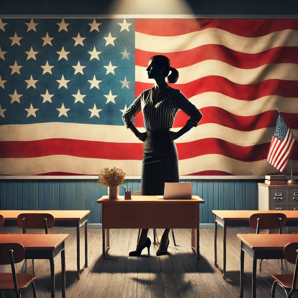 A bold and dramatic representation of a middle school classroom with a teacher standing confidently at her desk, symbolizing strength and determination. Behind her, a large American flag is prominently displayed, representing freedom and the First Amendment. The background features a simple, professional classroom setting with desks and a blank chalkboard, ensuring absolutely no text or writing anywhere. The lighting highlights the teacher as the focal point, with a sense of victory and justice in the atmosphere.