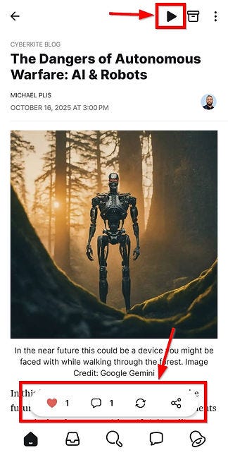 Blog titled "The Dangers of Autonomous Warfare: AI & Robots" shows a humanoid robot in a misty forest, creating an eerie, futuristic mood.