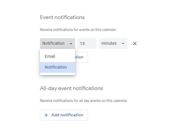 Screenshot of customizing Google Calendar event notifications.