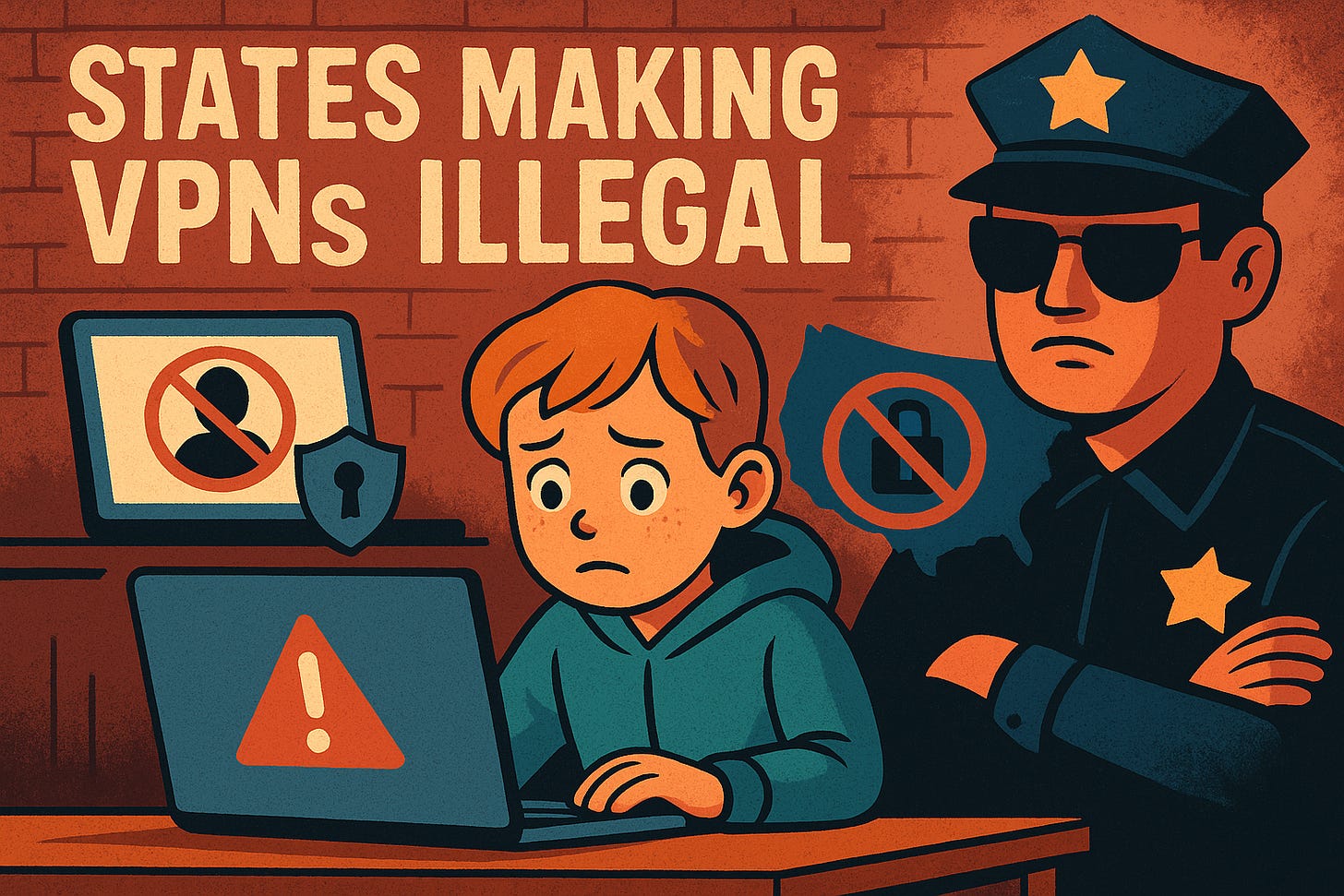 A stylized, digital illustration showing a worried child sitting at a laptop displaying a warning symbol, while a stern police officer stands behind him. A map of the United States in the background features a large “VPN banned” icon. Another laptop nearby shows a crossed-out user symbol with a security shield. The image conveys the dangers and fear created by state-level VPN bans and surveillance laws targeting privacy tools under the guise of child protection.