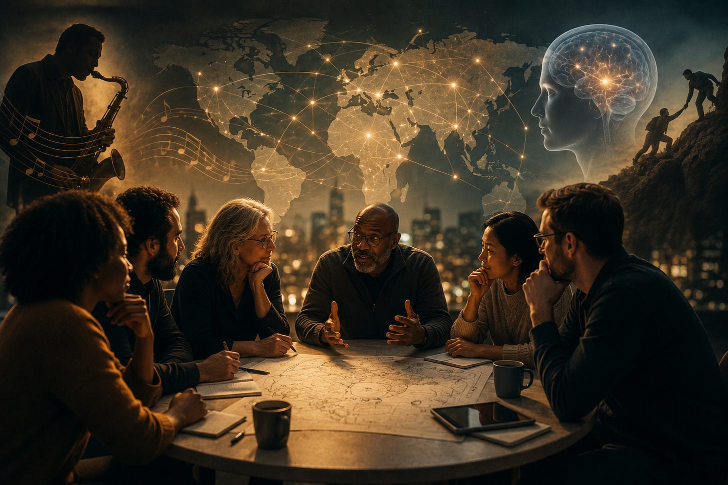 Illustration of diverse leaders collaborating around a table with a connected world map, jazz musician, neural networks, and symbols of systems thinking and collective impact.
