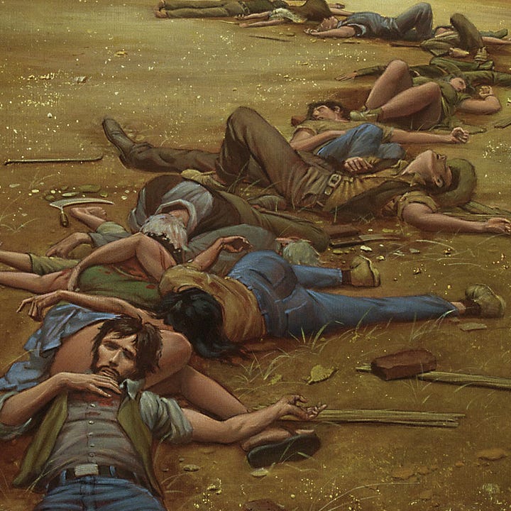 LEFT: Detail from DEAD TOWN featuring Roland standing with guns at his side and a trail of bodies snaking to the foreground. The horizon is tilted to provide a disoriented POV as if the viewer is shaky after having witnessed a massacre, knowing they’re next in line. RIGHT: Detail from DEAD TOWN featuring the trail of twisted corpses. Each has fallen with their weapon nearby. There are rough lengths of board, a heavy brick, a scythe and a crow bar. The nearest “victim” is a bearded man with black hair wearing a green vest. He holds his hand to his chest where his shirt is soaked through with blood. His head is propped awkwardly on the thigh of a woman whose face is obscured by her chunky arm while her silky blue skirt exposes the curve of her thigh. A dark haired woman face down wearing blue jeans and boots stretches across her midsection. The next two corpses folded over each other have silvered hair as the path of carnage continues, men and women, young and old, all killed by a single Gunslinger.