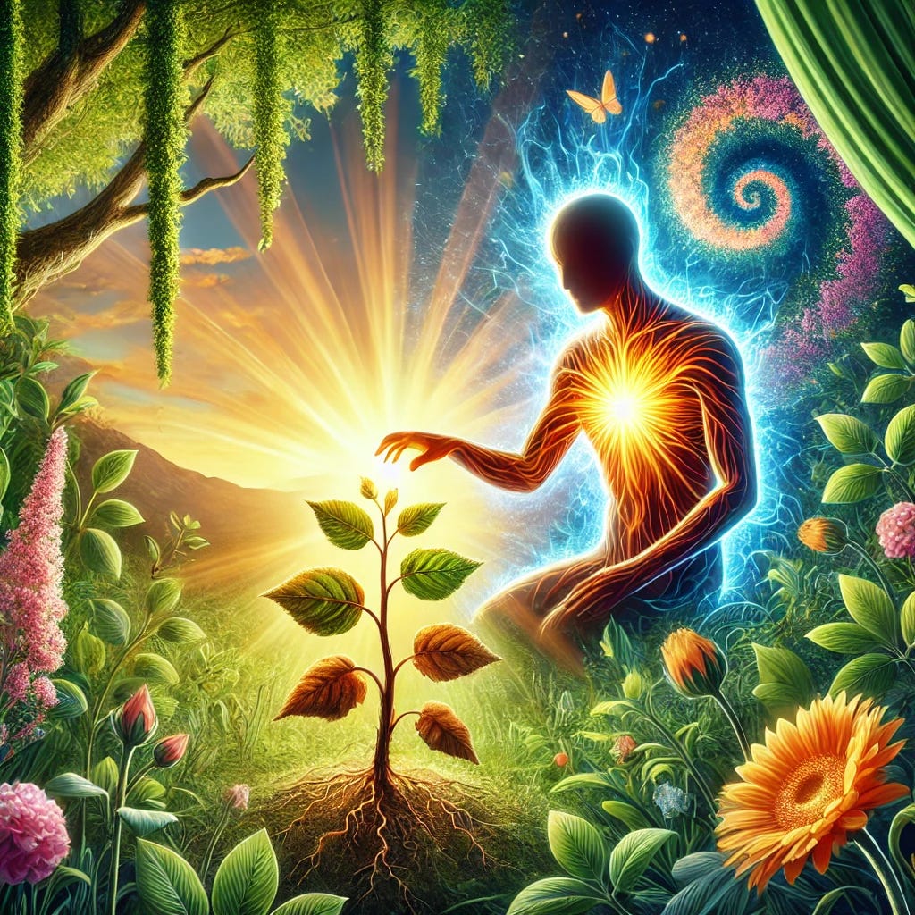 An image symbolizing vitality bringing new life to something. The central figure is a person glowing with vibrant energy, surrounded by lush greenery and blooming flowers. The person is gently touching a wilted plant, which is coming back to life, its leaves turning green and new buds forming. In the background, there's a sunrise, representing new beginnings. The overall atmosphere should be uplifting and rejuvenating, with bright and warm colors to convey the essence of vitality and renewal.