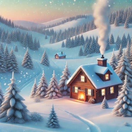 An idyllic winter scene featuring a cozy cabin with a fireplace, smoke curling from the chimney, surrounded by snow-covered pine trees and rolling white hills. The sky is a soft gradient of pale blue and pink, indicating either sunrise or sunset. Gentle snowflakes are falling, and the cabin is warmly lit, exuding a sense of comfort and serenity. The landscape is untouched, showcasing pristine snow and a calm, peaceful ambiance.