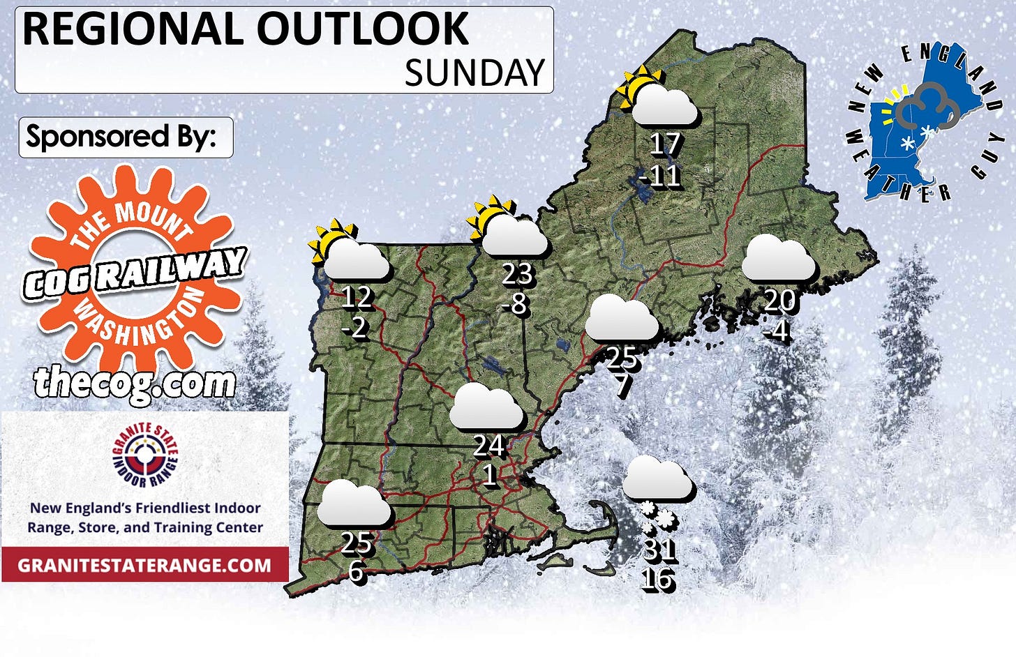 May be an image of map and text that says 'REGIONAL OUTLOOK SUNDAY Sponsored By: E ENG GLAND لام 17 -11 THE MOUNT COGRAILWAY RAILWAY ASHINCTETS WASHINGTON thecog.c com 12 -2 23 -8 20 25 New England's Friendliest| Indoor Range, Store, and Training Center 24 1 GRANITESTATERANGE.COM 25 6 一4' May be an image of map and text that says 'REGIONAL OUTLOOK SUNDAY Sponsored By: E ENG GLAND لام 17 -11 THE MOUNT COGRAILWAY RAILWAY ASHINCTETS WASHINGTON thecog.c com 12 -2 23 -8 20 25 New England's Friendliest| Indoor Range, Store, and Training Center 24 1 GRANITESTATERANGE.COM 25 6 一4'