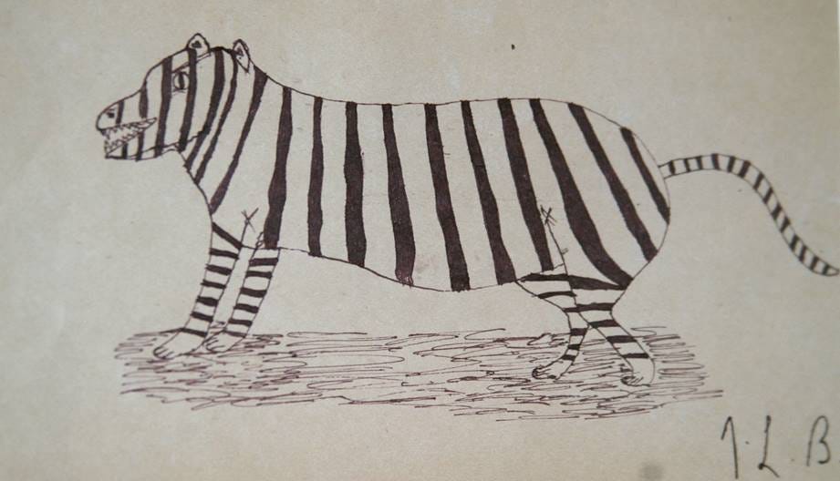 naive drawing of a tiger in black pen, signed with initials j.l.b. naive drawing of a tiger in black pen, signed with initials j.l.b.
