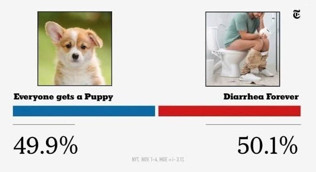 Fake image of a New York Times poll graphic, showing a bar graph labeled 'Everyone gets a Puppy' with 49.9 percent (blue bar) and a cute stock image of a puppy with one floppy ear, contrasted with 'Diarrhea Forever' with a red bar, 51.1 percent, and a stock photo of a bearded man hunched over on a toilet in the pose of Rodin's 'The Thinker,' staring dejectedly at a roll of toilet tissue in one hand, the other hand on the side of his head. Fake image of a New York Times poll graphic, showing a bar graph labeled 'Everyone gets a Puppy' with 49.9 percent (blue bar) and a cute stock image of a puppy with one floppy ear, contrasted with 'Diarrhea Forever' with a red bar, 51.1 percent, and a stock photo of a bearded man hunched over on a toilet in the pose of Rodin's 'The Thinker,' staring dejectedly at a roll of toilet tissue in one hand, the other hand on the side of his head.