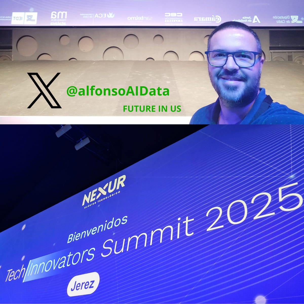 Alfonso Rodríguez, FUTURE IN US Editor, standing at the Tech Innovators Summit 2025 in Jerez, under the event’s main screen showing the welcome message and logos.