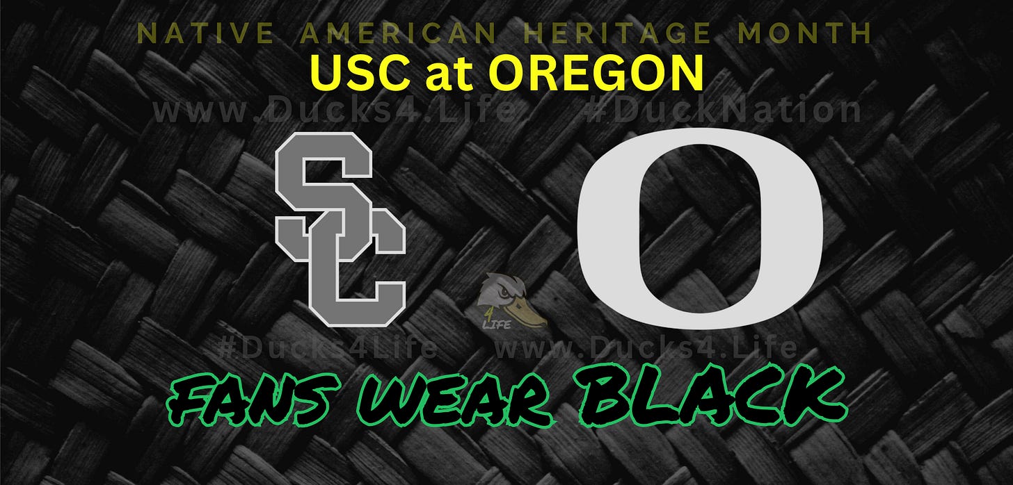 Tribal woven-fiber black background with large gray USC logo on the left and large white Oregon “O” logo on the right. Yellow text at top reads “Native American Heritage Month” and “USC at Oregon.” Green-highlighted script at bottom reads, Fans Wear BLACK. Ducks4Life watermarks and a Ducks4Life icon centered under the team logos. Deals on seats, fan gear, and premium Oregon Football coverage at www.Ducks4.Life