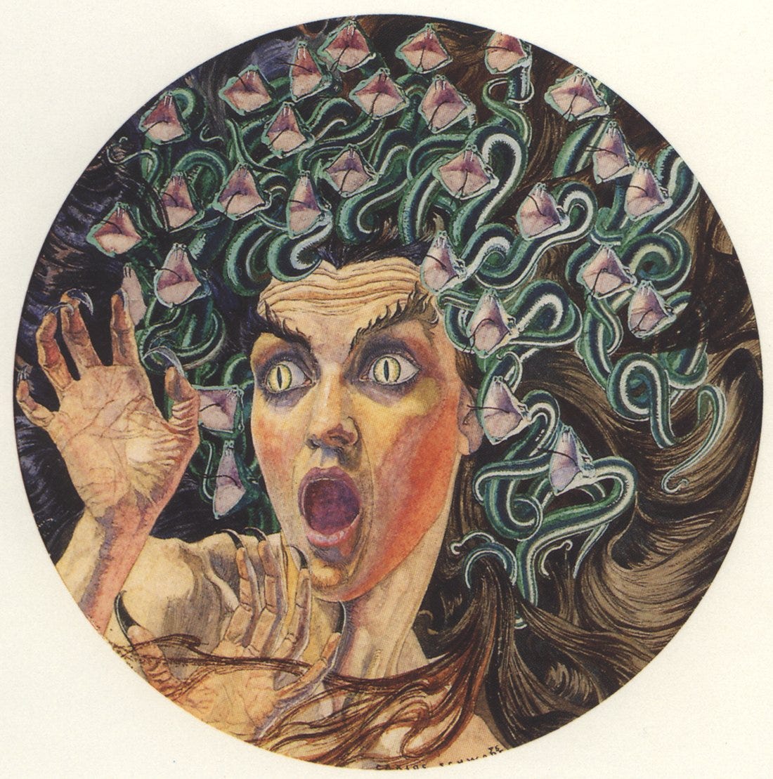 Symbolist painting of a grieving Medusa in a circle Symbolist painting of a grieving Medusa in a circle