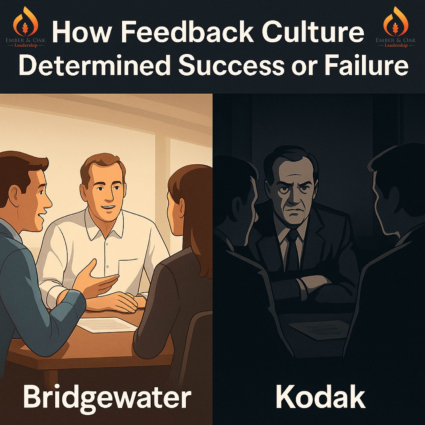 Split image showing two contrasting leadership cultures: on the left, Bridgewater Associates employees engage in open, collaborative discussion in a warm, well-lit setting; on the right, Kodak executives sit in a tense, shadowy room with closed body language, reflecting a culture of fear and suppressed feedback.