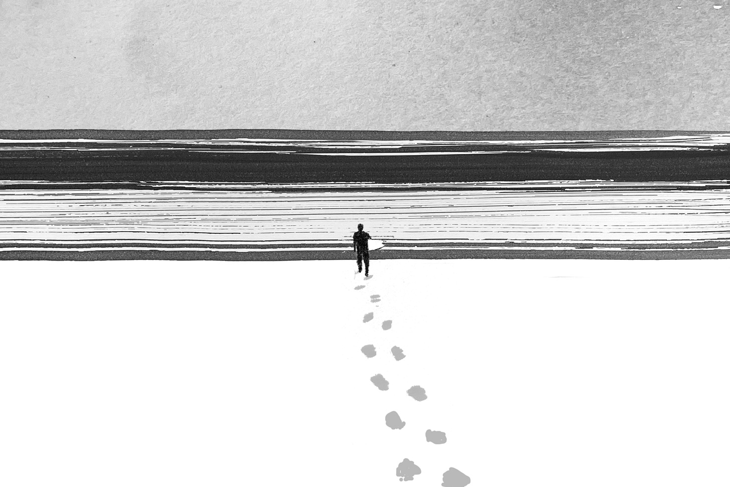 Black and white painted comic panel of a surfer walking through the snow towards the ocean.